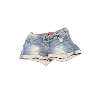 Light Wash Distressed Denim Shorts — Cuffed Hem, Low Rise, Ripped Detail